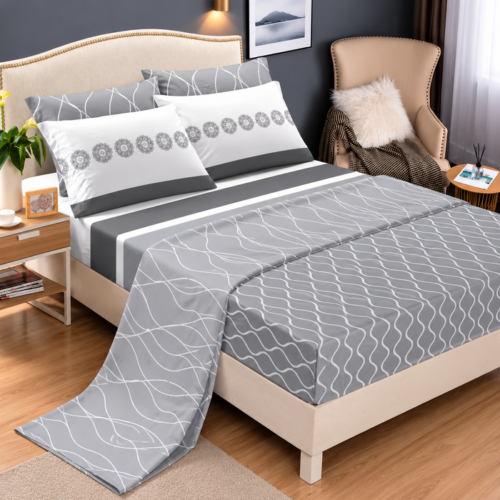 6 × 7 Cotton Fitted Bedsheet Set with 4 Pillowcases