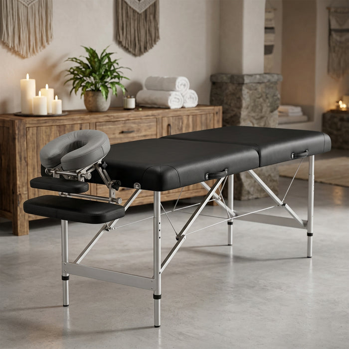 185 × 80 cm three-section adjustable massage table with face cradle and arm sling shelf, black, available in Nairobi, Kenya