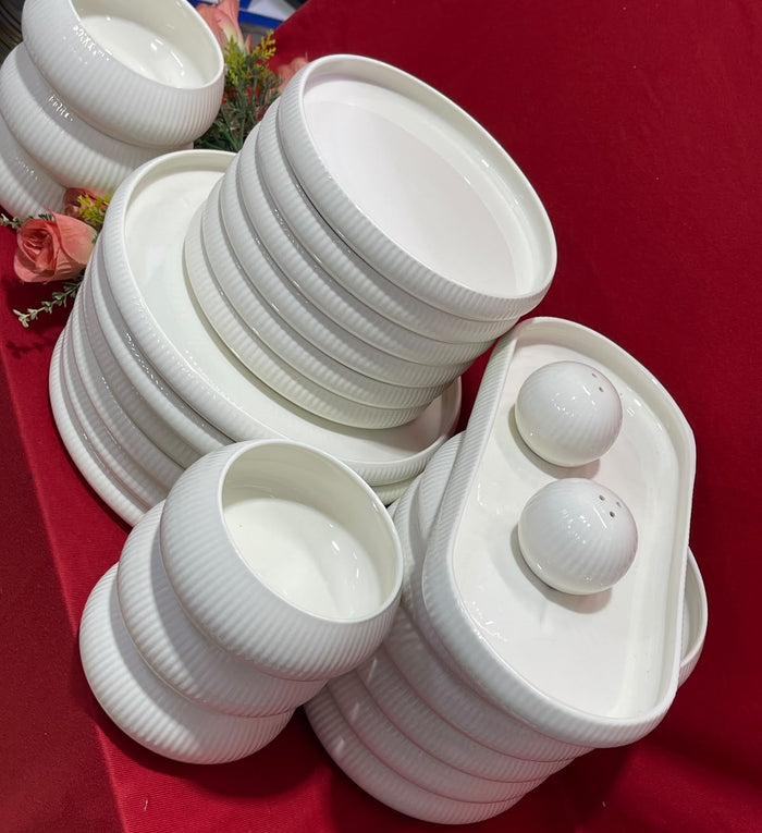 27-piece ribbed dinner set with 6 dinner plates, 6 side plates, 6 pasta bowls, 6 soup bowls, 1 fish plate and 2 shakers, available in Nairobi, Kenya