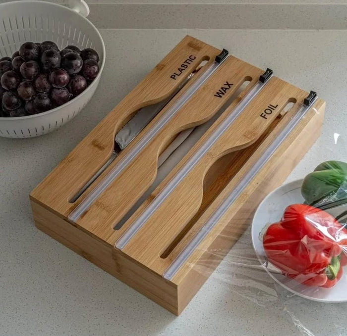 3-layer bamboo wrap dispenser with integrated cutter for organising kitchen wrapping materials, available in Nairobi, Kenya
