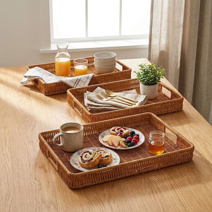 3-piece handmade rectangular rattan decorative tray set for serving, storage and home décor, available in Nairobi, Kenya