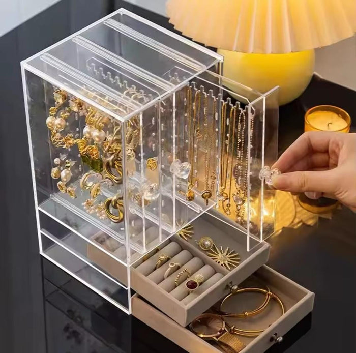 3+2 transparent acrylic jewellery storage box with earring and necklace display and drawers available in Nairobi, Kenya