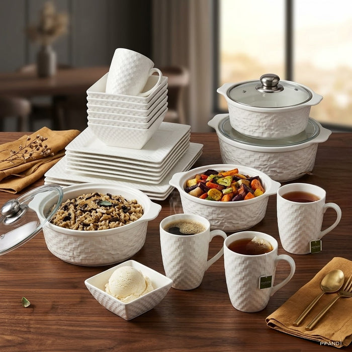 30-piece dinner set with 6 cups, 6 bowls, 6 side plates, 6 dinner plates, 3 casserole dishes and 3 lids, available in Nairobi, Kenya