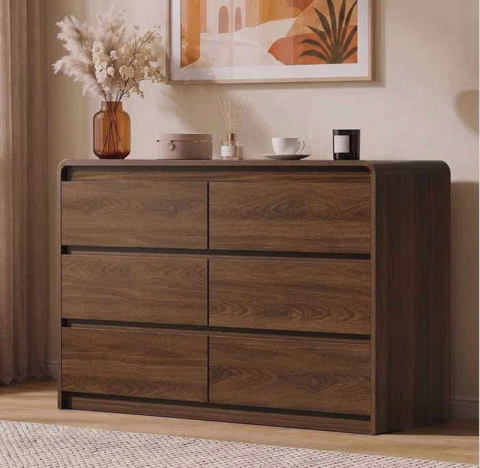 47-inch walnut 6-drawer dresser chest of drawers with curved design and anti-tipping structure, available in Nairobi, Kenya