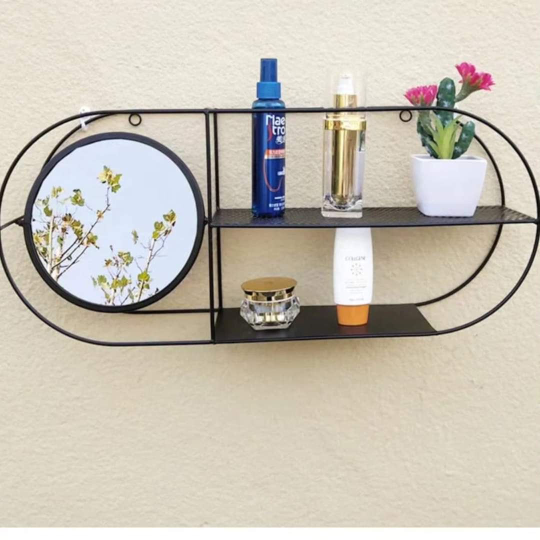 Rectangular metallic Wall mounted mirror with storage shelf