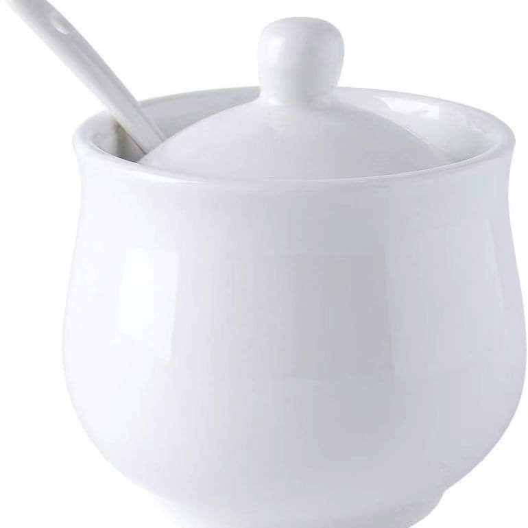 Ceramic White Sugar Dish With Spoon