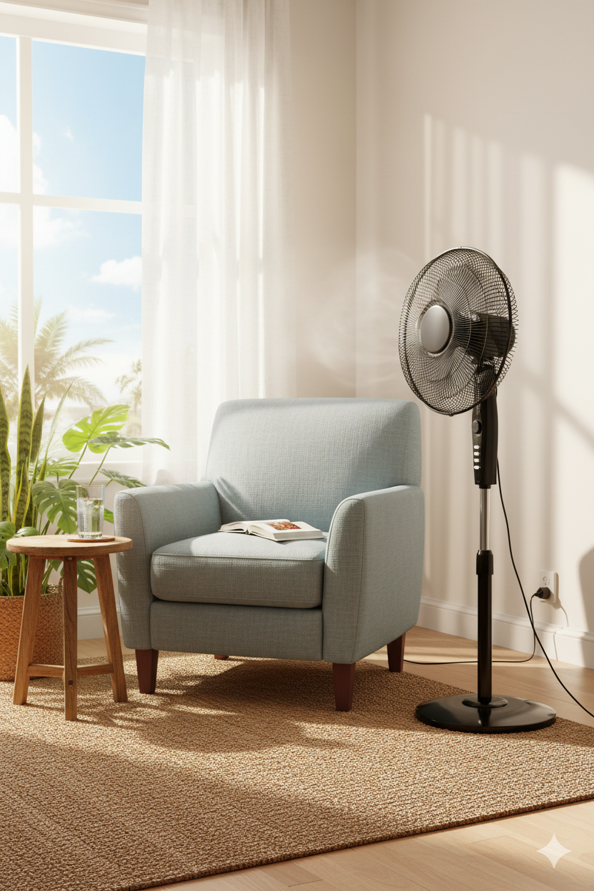 black econo fan RM/572 with adjustable height and 3-speed settings.