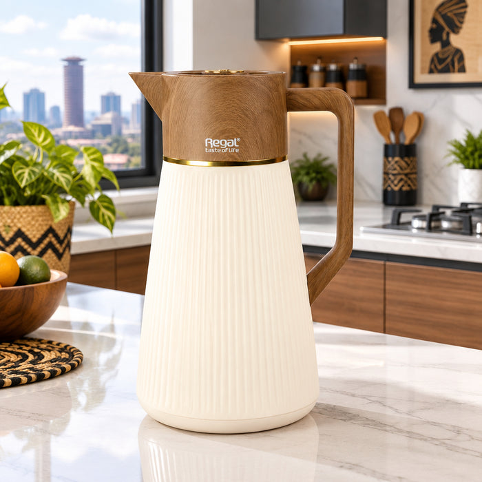 Regal Vacuum Flask 1L Cream Ribbed Body Wood Handle - available in Nairobi, Kenya