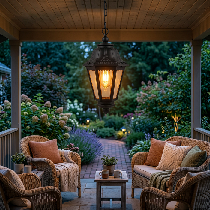 Black ornamental outdoor hanging lantern with transparent glass, E27 base, 1200 × 220mm, available in Nairobi, Kenya