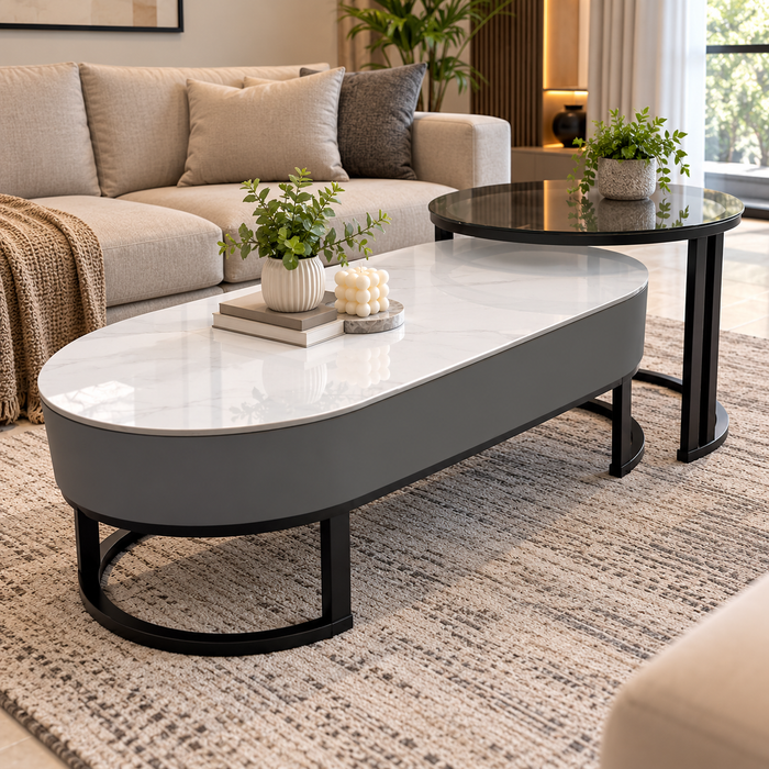 Oval Marble-Top Coffee Table Set with Round Side Table, white marble-pattern top and black frame - available in Nairobi, Kenya
