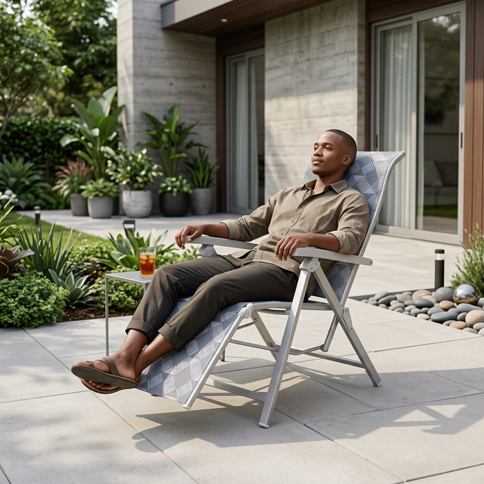 Adjustable folding outdoor patio and camping chair with integrated footrest, high backrest, padded headrest, wide armrests and durable metal frame, available in Nairobi, Kenya