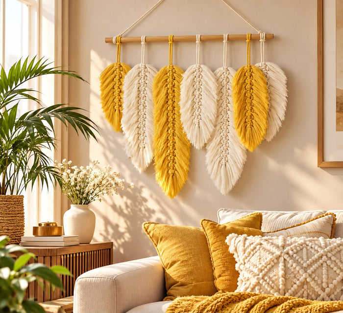 Boho Tassel Wall Hanging with Wooden Bead Accents, Coral Pink, Mustard Yellow and Cream - available in Nairobi, Kenya