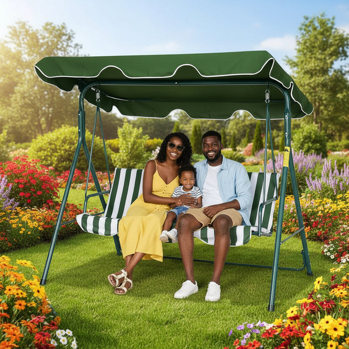 3 Seat Garden Swing Chair Canopy Green & White Candy Stripe 600D Oxford Fabric