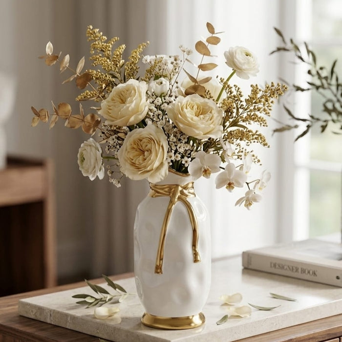 Ceramic decorative vase with high-gloss finish and gold ribbon and rim detailing, 20 × 10 × 10 cm, available in Nairobi, Kenya