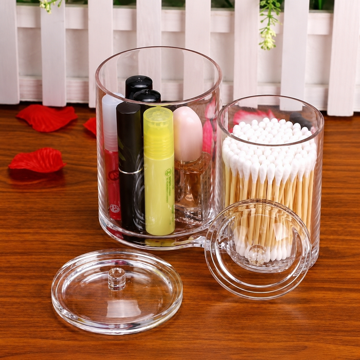 Clear round 2-in-1 acrylic cotton swab and makeup brush holder with lids, available in Nairobi, Kenya