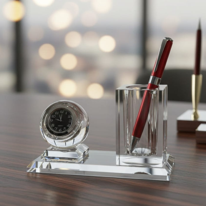 Crystal glass desktop clock and pen holder set, round quartz clock and cylindrical stationery holder, 16 × 7 cm, available in Nairobi, Kenya