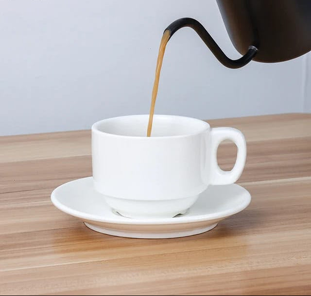 Gemelli Collections 240ml ceramic stackable cups with matching saucers, set of 6, in classic white finish for coffee and tea.