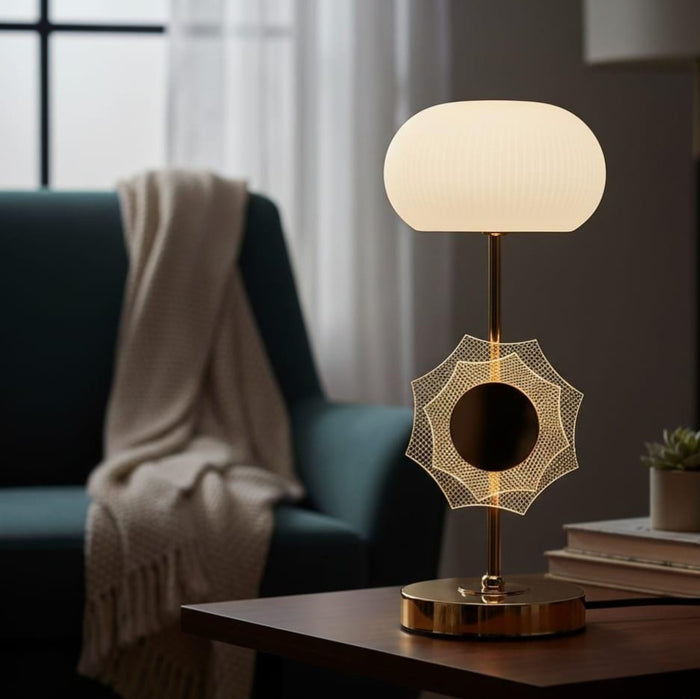 Decorative table lamp with white glass shade and illuminated centre design, 15 × 15 × 34 cm, available in Nairobi, Kenya