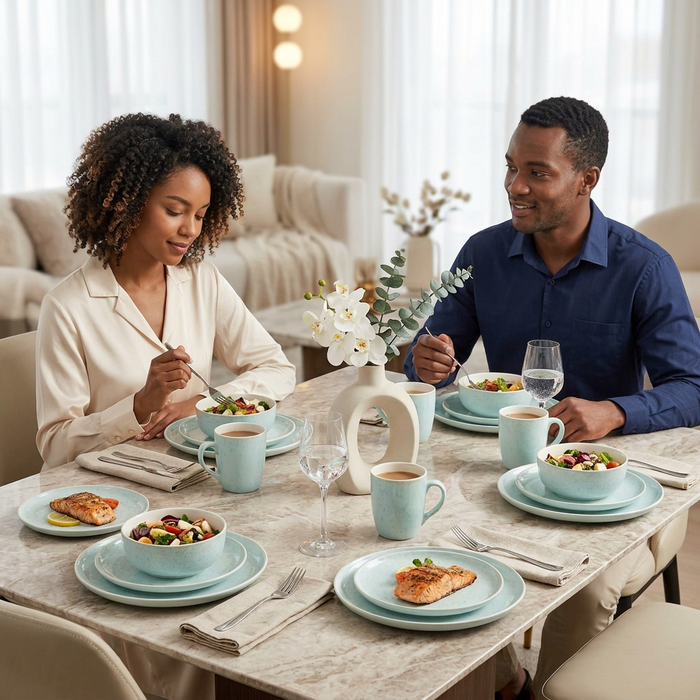 light blue and white ceramic Dinner Set with Mugs, Side Plates, Bowls and Dinner Plates 16 Piece and 24 Piece Options