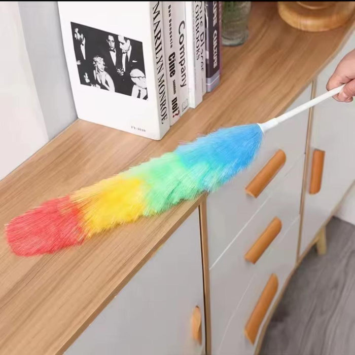 Rainbow microfibre duster with flexible plastic handle, washable household cleaning tool, available in Nairobi, Kenya