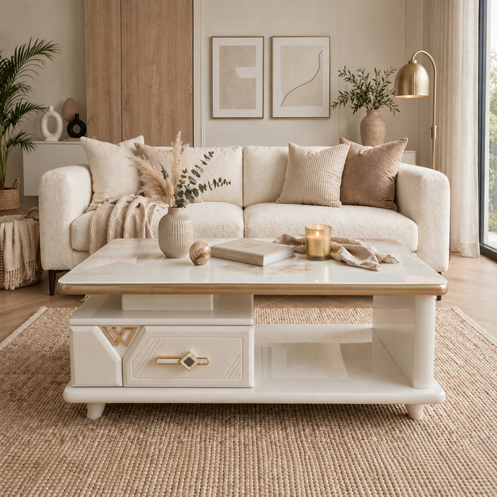 Coffee Table, White Beige Marble-Effect Top with Gold Trim and Storage -Gemelli Collection