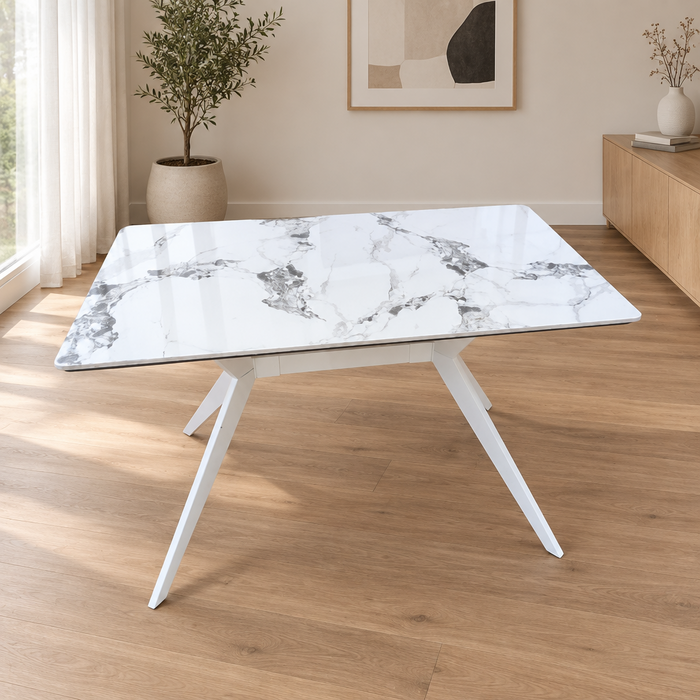 Nordic White Marble Dining Table, 160cm Sintered Stone Top with White Y-Leg Base -Gemelli Collection