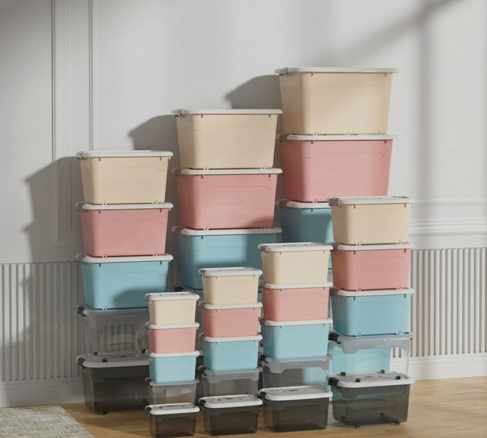 Gemelli Collections square plastic storage buckets in 6L, 12L, 20L, 30L, 55L, 80L and 110L sizes for home and office organisation.