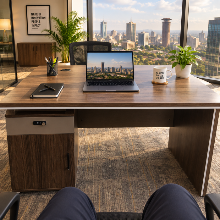 Executive Office Desk with Lockable Drawer and Cabinet Storage, Brown Walnut Finish #147-1 -Gemelli Collection