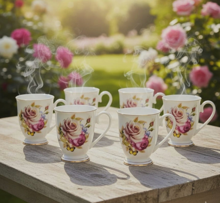 Gemelli Collections 6 piece bone china shapely cups set with 325ml capacity and assorted floral designs for tea and coffee serving.