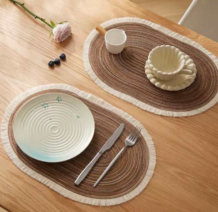 Gemelli Collections 6 piece oval cotton braided table placemats brown washable heat resistant non slip dining mats