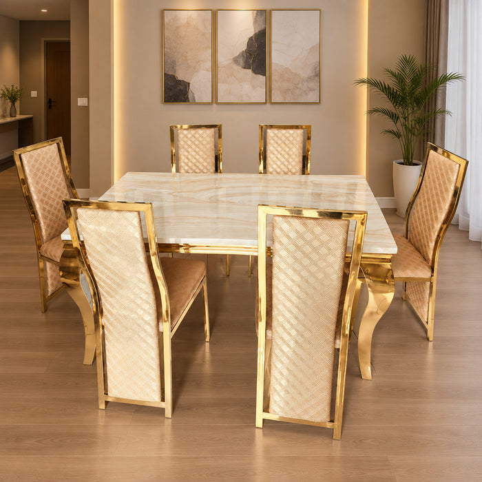 6-Seater Champagne Beige Dining Set with Beige Marble Top Diamond-Stitched Leather Chairs Gold Frame - available in Nairobi, Kenya