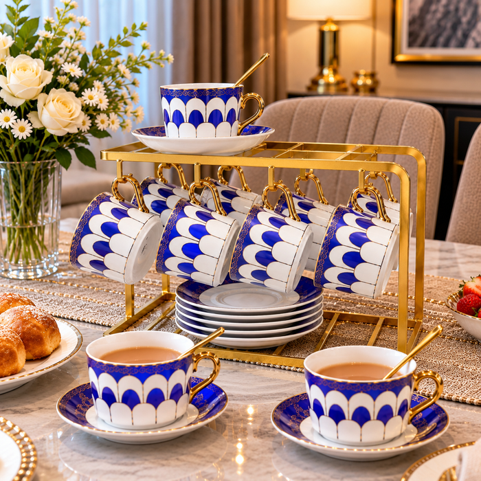 19-Piece Porcelain Tea Set with Gold Rack and Matching Saucers