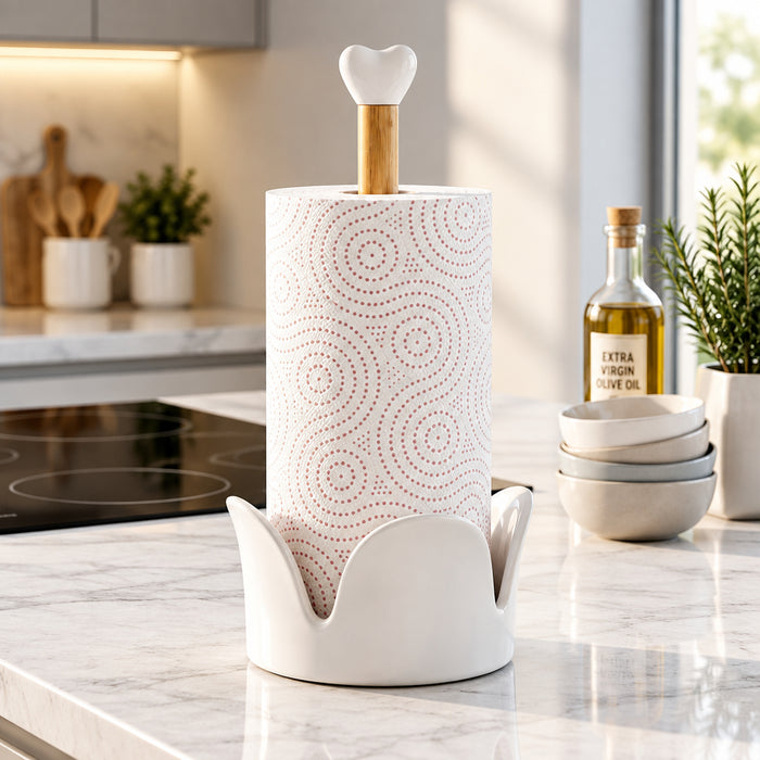 kitchen paper towel holder with a lotus-shaped ceramic base, natural bamboo stand and ceramic top cap, designed for organised paper towel storage on kitchen counters and dining areas.