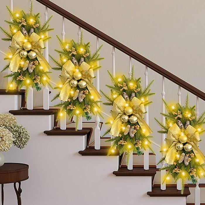 Christmas Staircase Swag Wreath with LED Lights and Ornaments