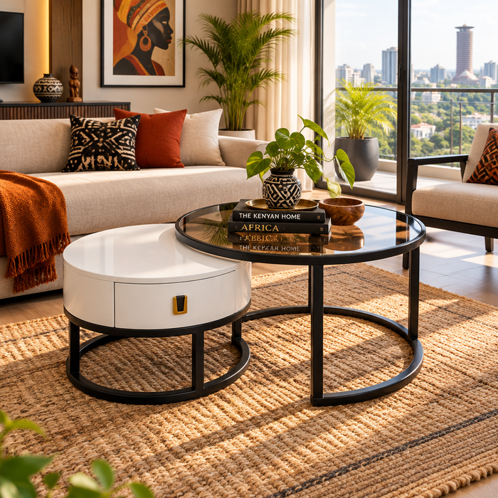 2-Piece Nesting Coffee Table Set, White Drawer Table and Brown Glass Table with Black Frames -Gemelli Collection