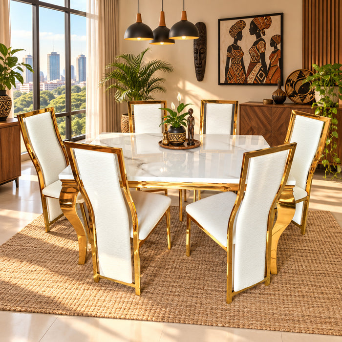 6-Seater White Marble Dining Set with White PU Leather Chairs Gold or Silver Frame - available in Nairobi, Kenya