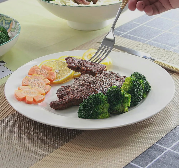 Gemelli Collections set of 6 round white bone china dinner plates measuring 10 inches for everyday dining and entertaining.