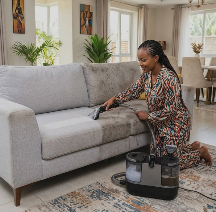 Vacuum spot sofa and carpet cleaner with hot water steam and room temperature cleaning modes for upholstery carpet and stain removal.