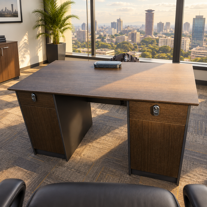 Executive Double Pedestal Office Desk with Lockable Drawers and Cabinets, Brown Wood Finish -Gemelli Collection