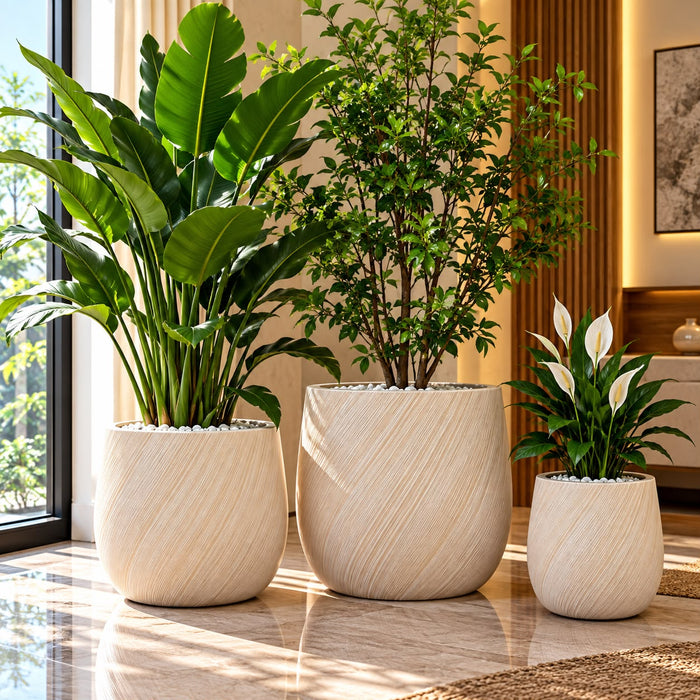 Small, medium and large diagonal wavy ribbed concrete planter, 24.5 × 24.5 × 23cm, 48 × 48 × 41.5cm, 35 × 35 × 31.5cm for indoor and outdoor plants, available in Nairobi, Kenya