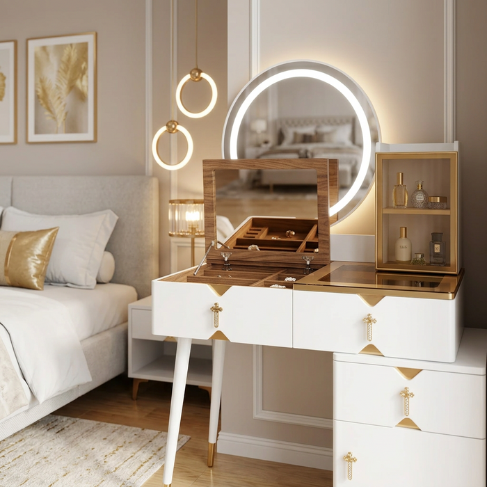 Vanity Dressing Table with Clear LED Mirror, Built-in Lighting, Spacious Tabletop and Multiple Storage Drawers