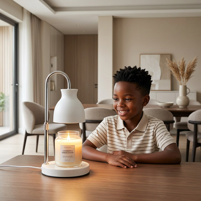 White electric candle warmer lamp with bell-shaped shade, curved silver chrome arm and dimmer switch, available in Nairobi, Kenya