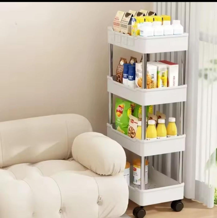 White four-tier multipurpose storage rack with wheels for vegetables and bathroom accessories, available in Nairobi, Kenya