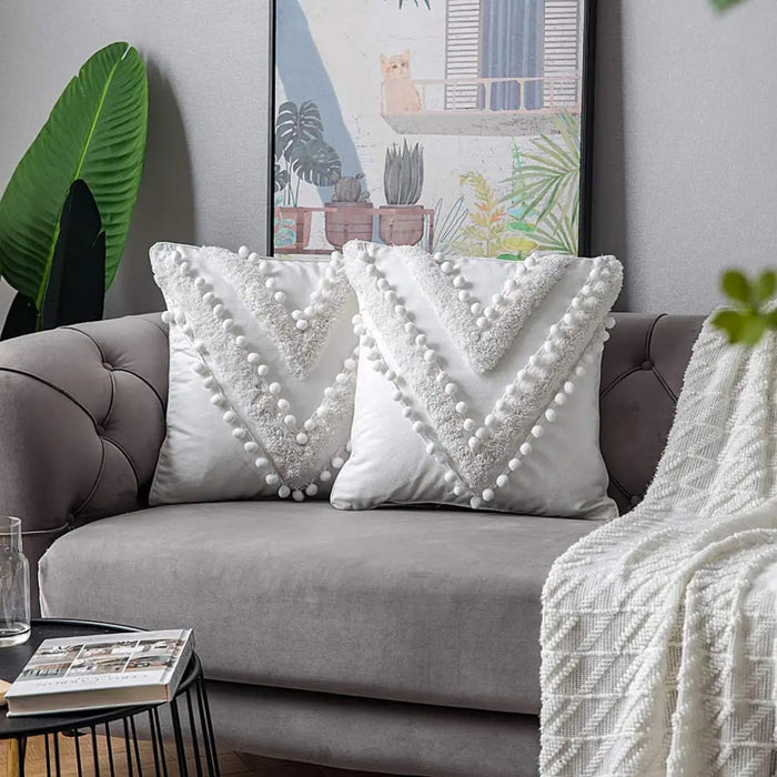 White Tufted Cushion Cover with Pompom Details - available in Nairobi, Kenya