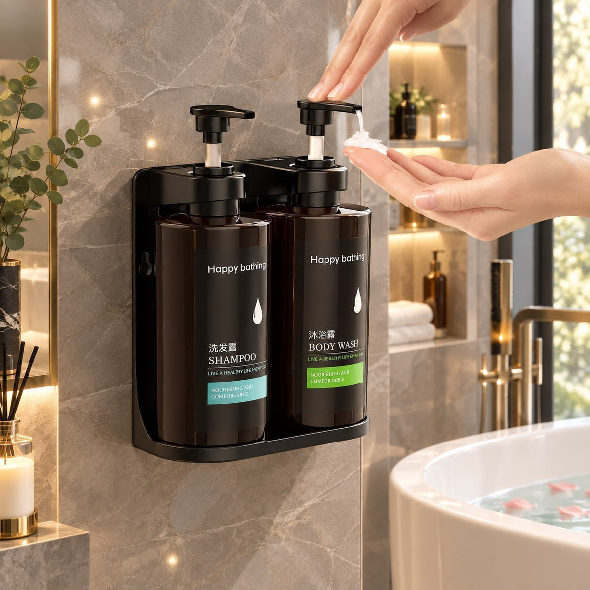 2-piece wall-mounted soap and shampoo dispenser set with two 300ml compartments and no-drill installation for bathroom organisation, available in Nairobi, Kenya.