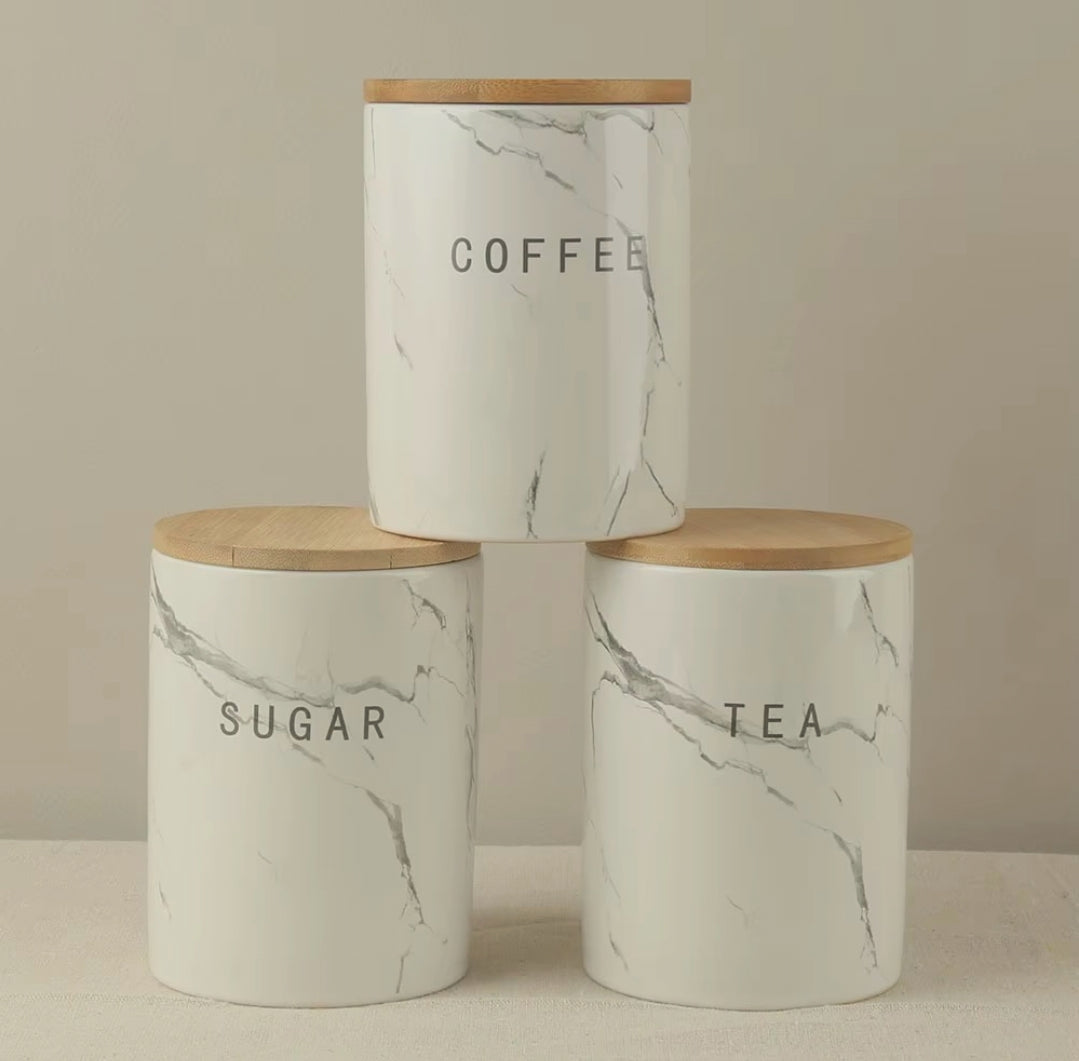 3-piece grey marble-effect ceramic tea, sugar and coffee canister set with bamboo lids, 700ml each, available in Nairobi, Kenya
