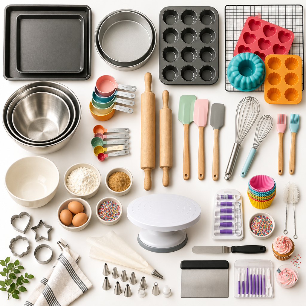 Baking Tools and Accessories Collection featuring baking trays, cake tins, mixing bowls, measuring cups, rolling pins, whisks and cake decorating tools, available in Nairobi, Kenya
