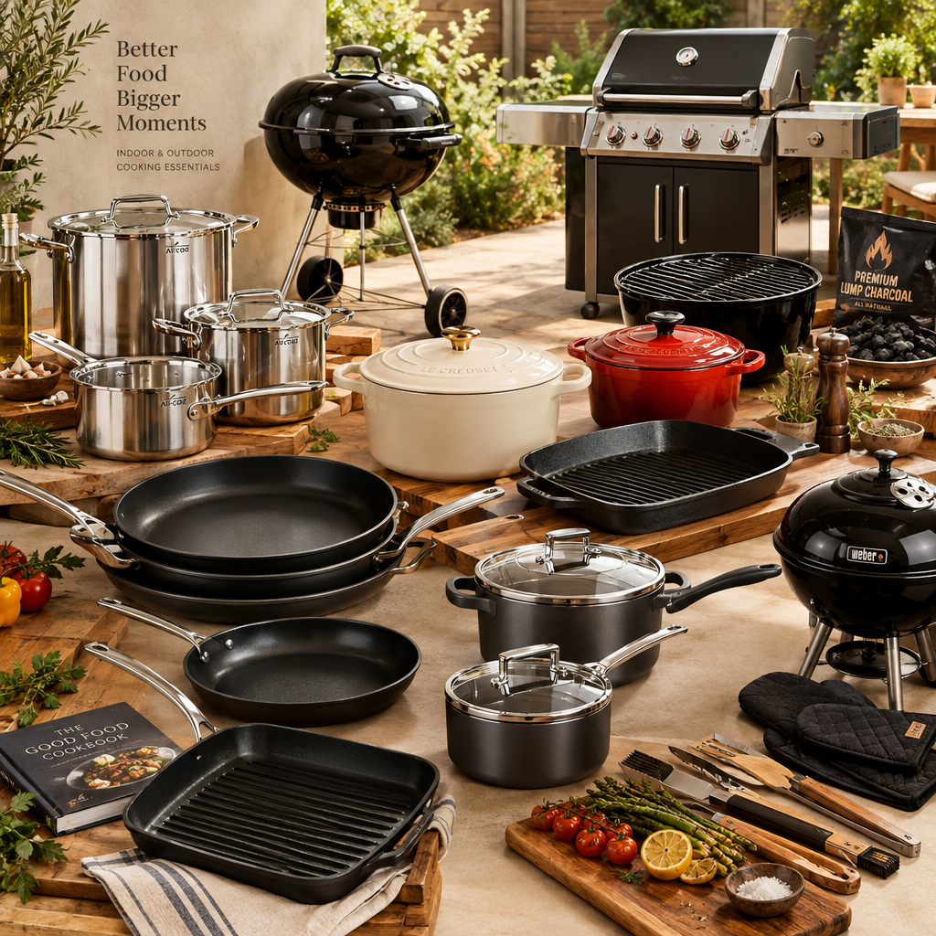 Cooking Pots, Pans and BBQ Grills Collection featuring cooking pots, frying pans, saucepans, grill pans and outdoor barbecue grills, available in Nairobi, Kenya