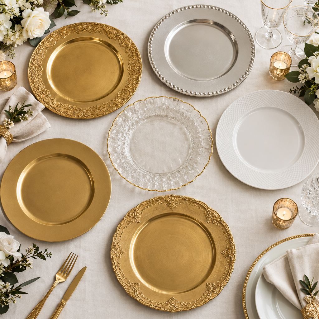 Charger Plates Collection featuring decorative round charger plates in gold, silver, glass and other finishes, available in Nairobi, Kenya
