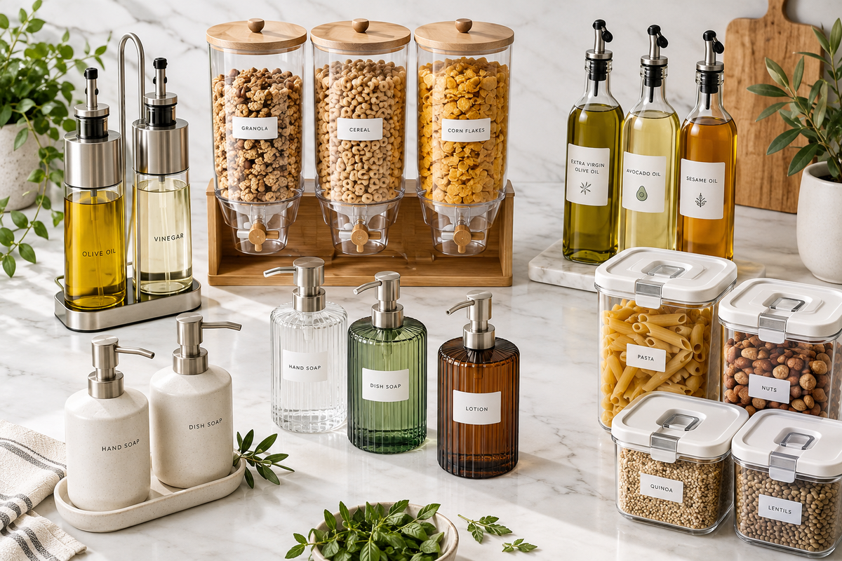 Kitchen Dispensers Collection featuring oil dispensers, cereal dispensers and kitchen soap dispensers, available in Nairobi, Kenya